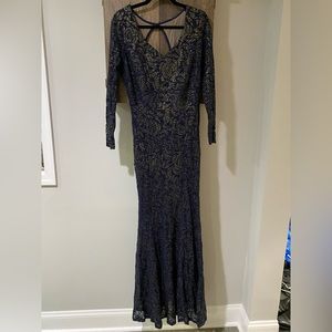 Long sleeve blue and gold glittery  back cut out fitted maxi dress size Large.